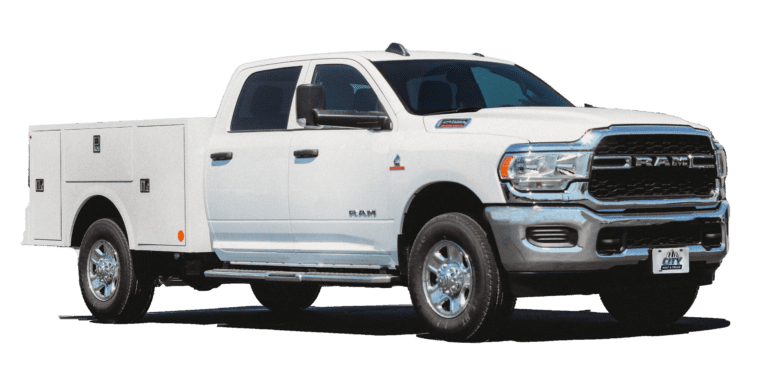 1 ton crew cab 4x4 service body truck rental with heavy-duty towing, off-road capability, and secure tool storage compartments.