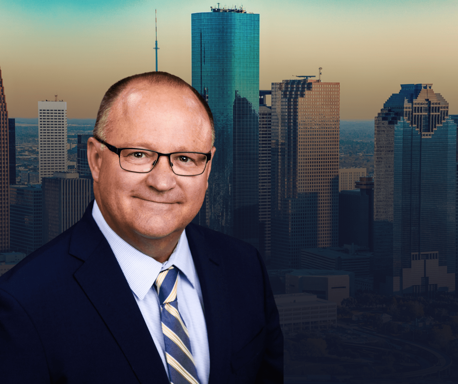 The president of City Rent a Truck standing confidently in front of the Houston skyline, representing the company’s expansion into the Houston, Texas truck rental market.