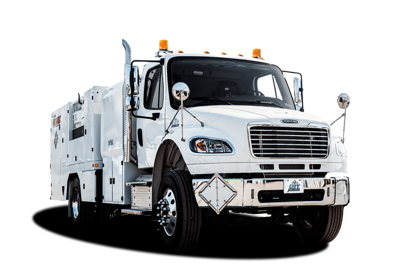 1,000-gallon fuel and lube truck rental with multiple tanks, hoses, and reels for onsite refueling and maintenance.