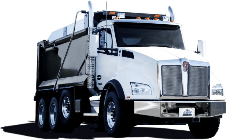 Tri-axle 18-yard dump truck with a heavy-duty steel body, ideal for hauling large loads of dirt, gravel, or construction debris, available for rental RPO, or purchase nationwide.