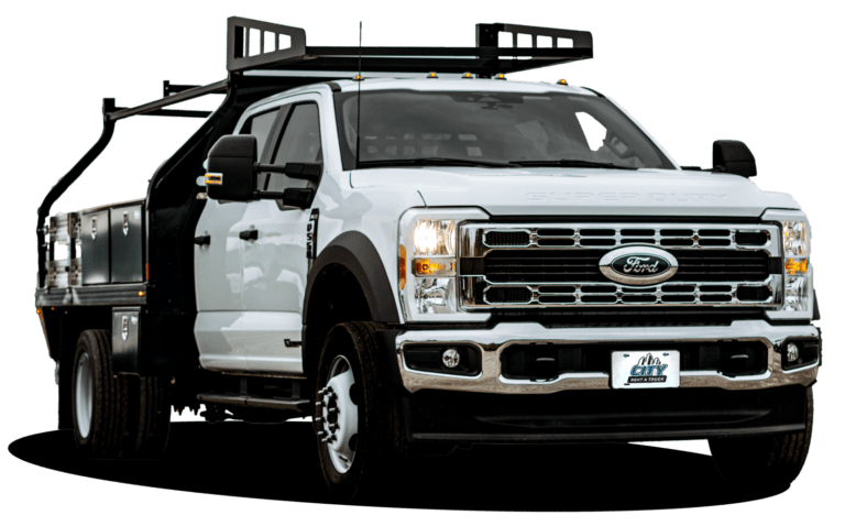 11' F550 Crew Cab Framer Truck rental with dual rear wheels, ladder rack, toolboxes, and 4x4 capability for construction and framing tasks.