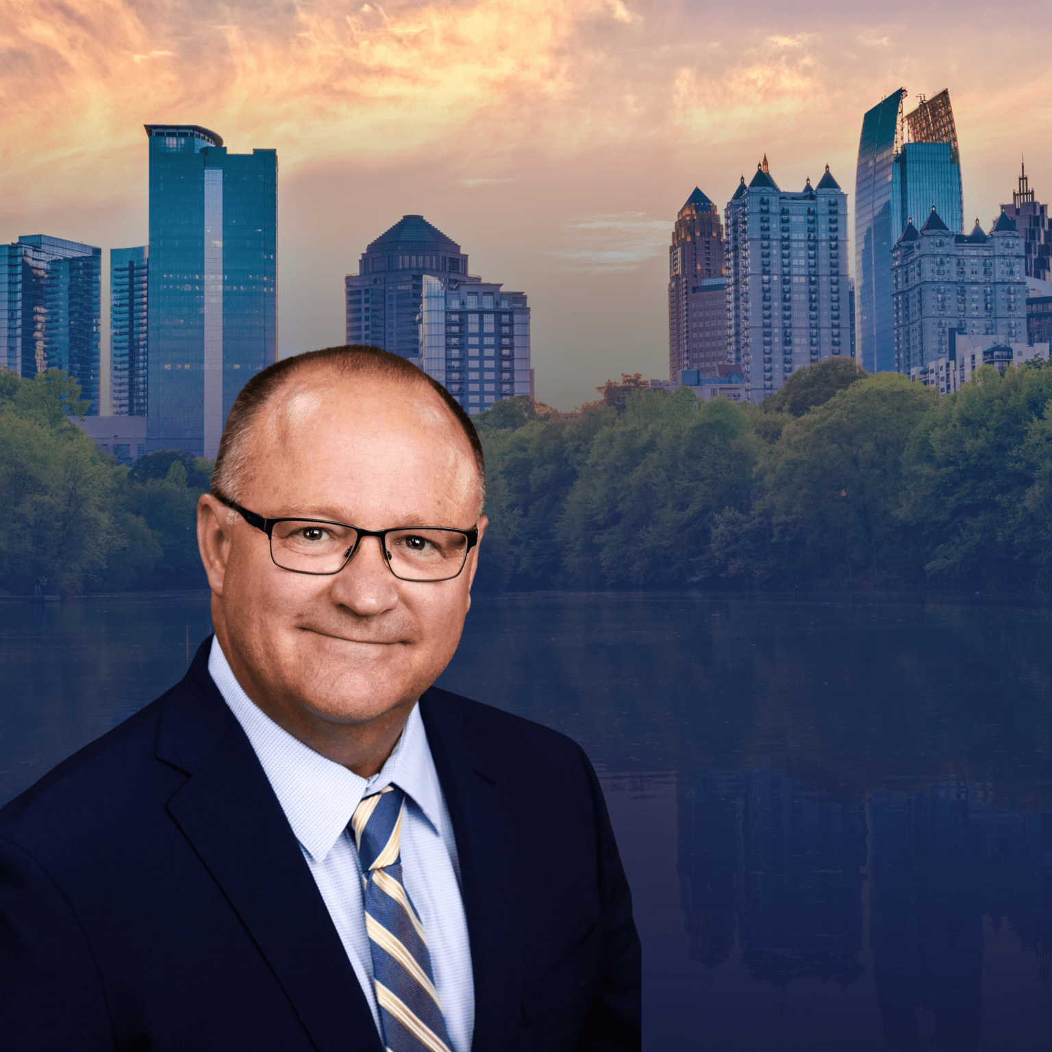 The president of City Rent a Truck standing confidently in front of the Atlanta skyline, representing the company’s expansion into the Atlanta, Georgia truck rental market.