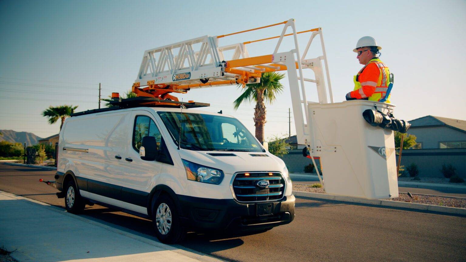 A bucket van rental from City Rent a Truck, equipped with an extendable boom and spacious bucket for elevated work.