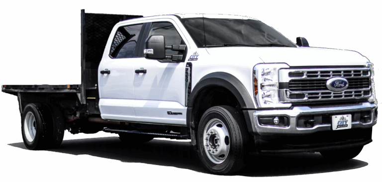 11' Crew Cab F550 flatbed truck rental 4x4 with extended flatbed and off-road capability, ideal for heavy-duty industrial and construction hauling.