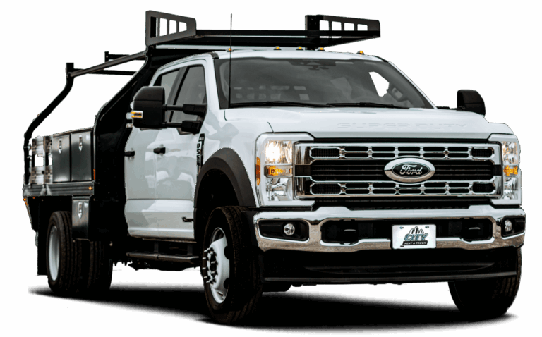 11' F550 Crew Cab Framer Truck rental with dual rear wheels, ladder rack, toolboxes, and 4x4 capability for construction and framing tasks.