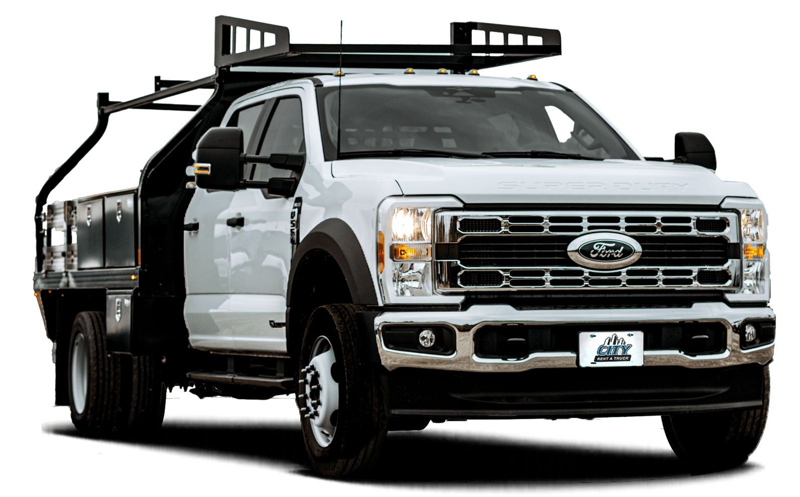 11' F550 Crew Cab Framer Truck rental with dual rear wheels, ladder rack, toolboxes, and 4x4 capability for construction and framing tasks.