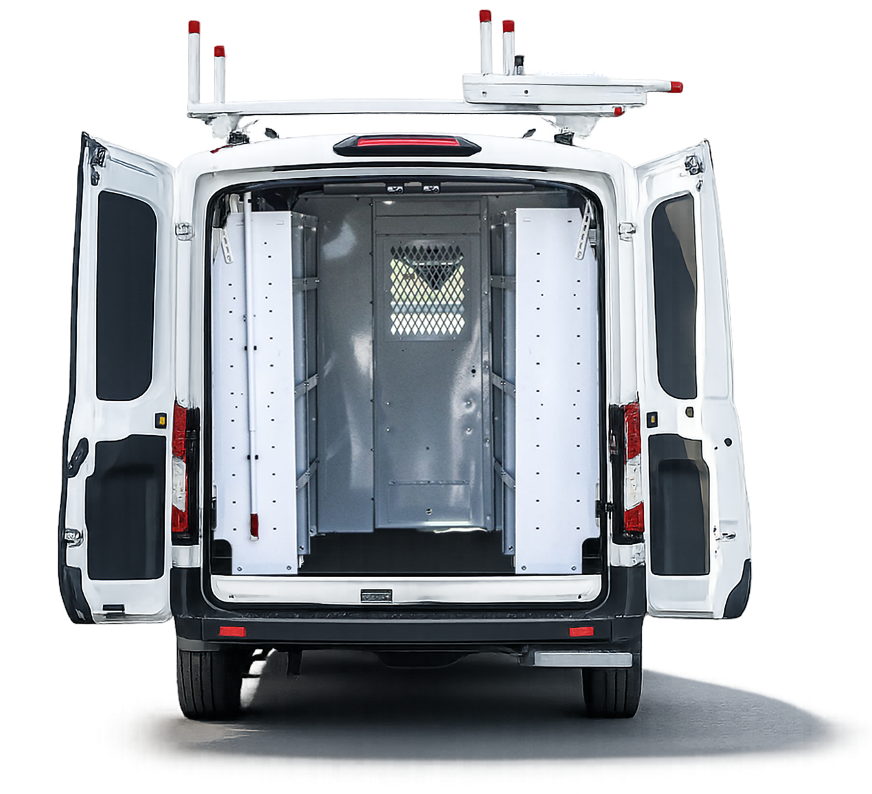 High Roof Contractor Van with interior shelving and a ladder rack.